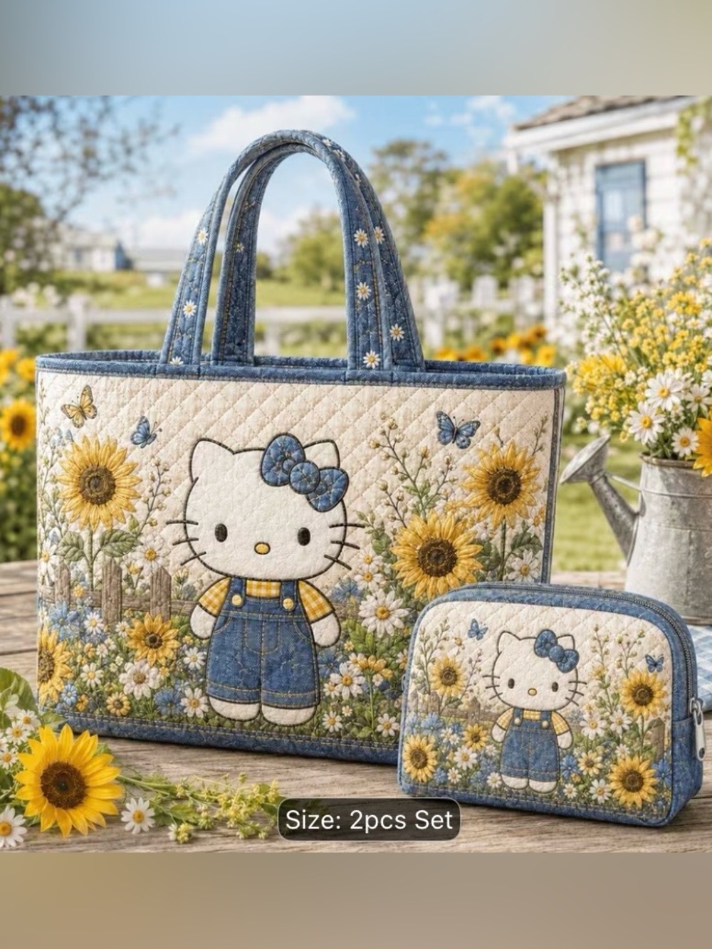 Hello Kitty Sunflower Quilted Tote and Pouch - Blue & Yellow
